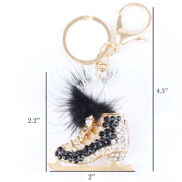 Black & Gold Crystal Ice Skate with Pom Pom Keychain Charm - Picture 8 of 8